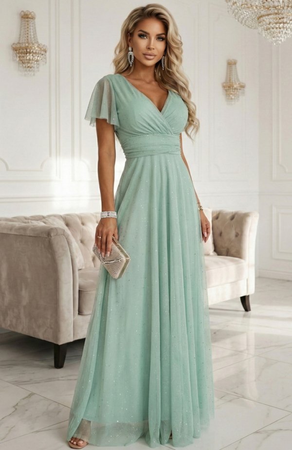 Numoco 635-8 MELANIA długa błyszcząca suknia z dekoltem i krótkim rękawkiem 