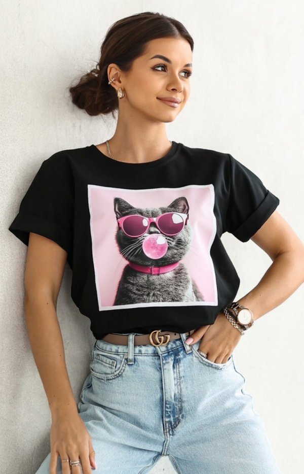 T-shirt kotek okulary czarny