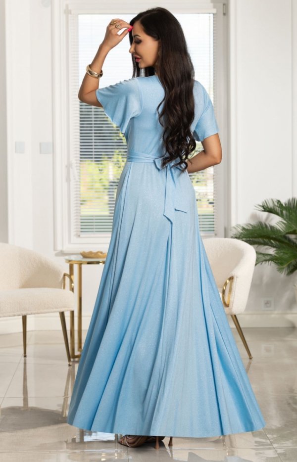 Długa sukienka wieczorowa błękitna z brokatem Bella tył