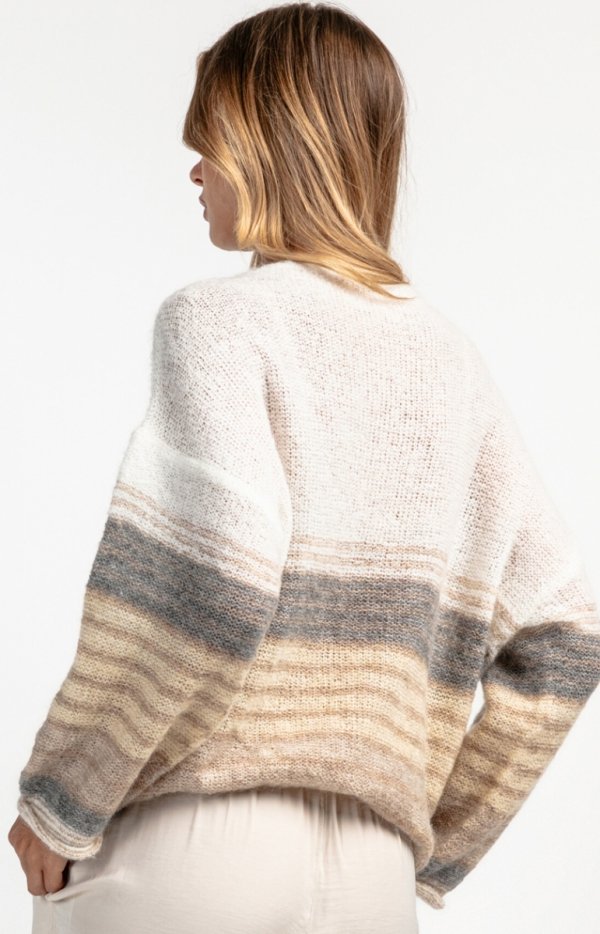 Oversizowy sweter wełniany w paski ecru tył