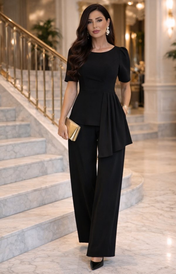 Elegancki komplet wizytowy damski z szerokimi spodniami czarny-1