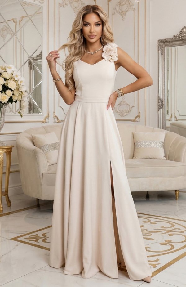 Numoco 643-3 elegancka wieczorowa suknia maxi z rozcięciem i różami 