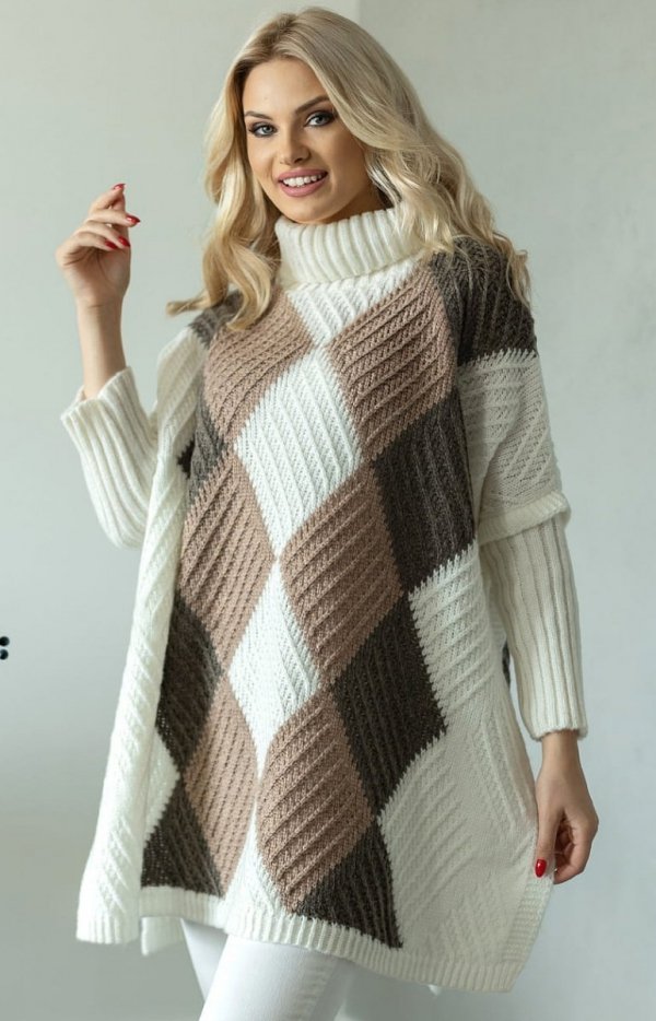 Sweter poncho z rękawami kremowy 30088-1