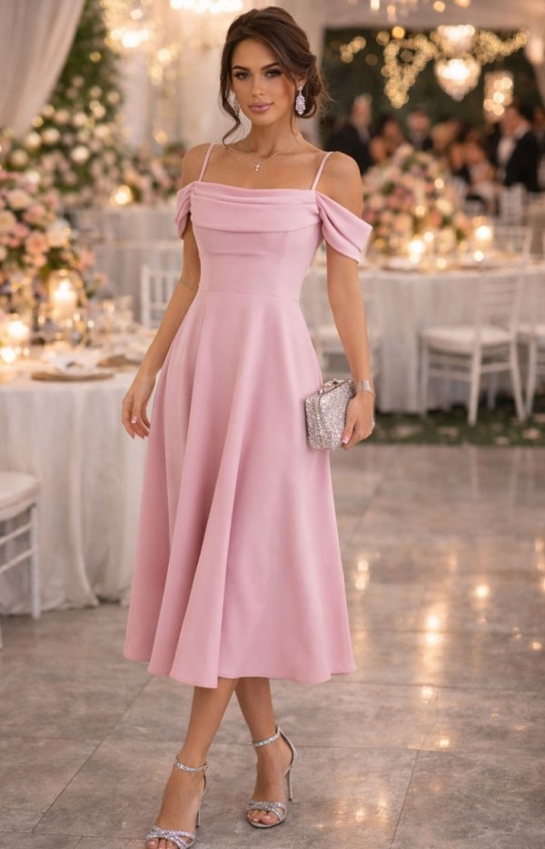 Elegancka sukienka midi hiszpanka w kształcie litery A brudny róż przód