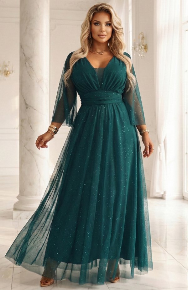 Numoco 654-1 długa połyskująca sukienka plus size z dekoltem i transparentnym rękawkiem 