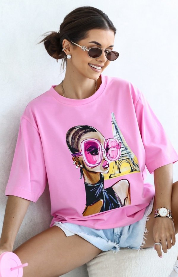 Oversizowy t-shirt damski różowe okulary różowy