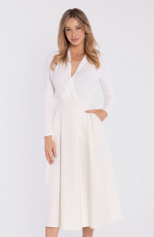 Stylove S430 rozkloszowana spódnica midi z wysokim stanem śmietankowa 