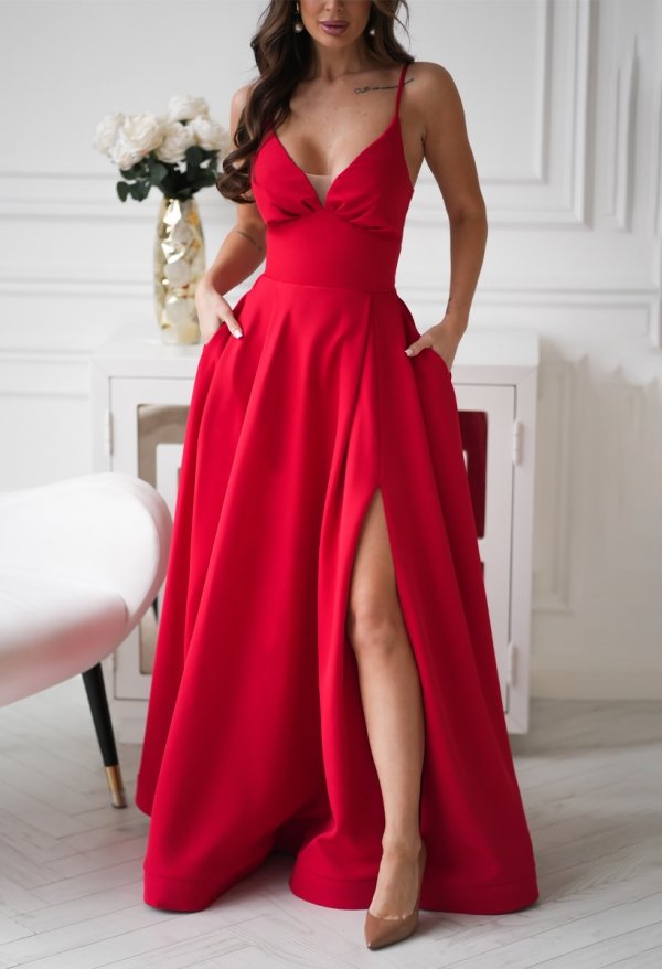 Czerwona sukienka balowa na ramiączkach z ukrytymi kieszeniami-4