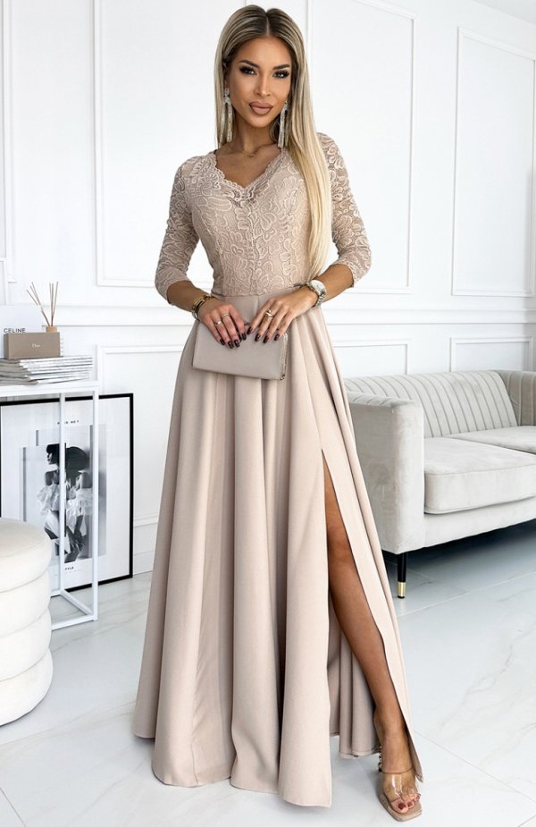 Numoco 309-10 AMBER koronkowa elegancka długa suknia z dekoltem i rozcięciem na nogę 