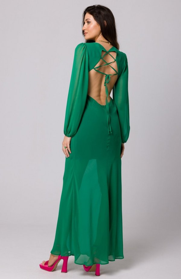 Makover szyfonowa sukienka z odkrytymi plecami zielona K166 tył