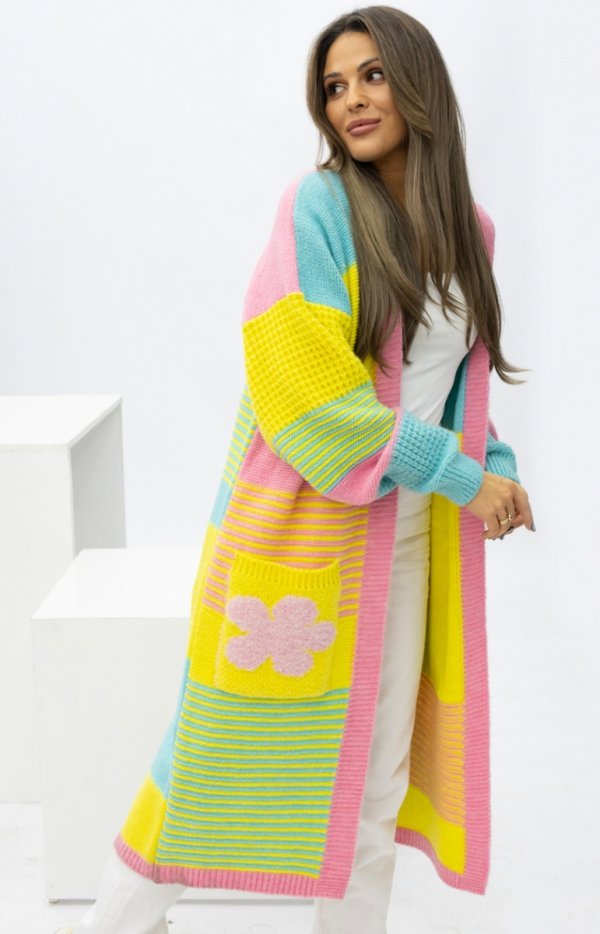 Oversizowy długi kardigan damski z kiszeniami Marbelio kolorowy-3