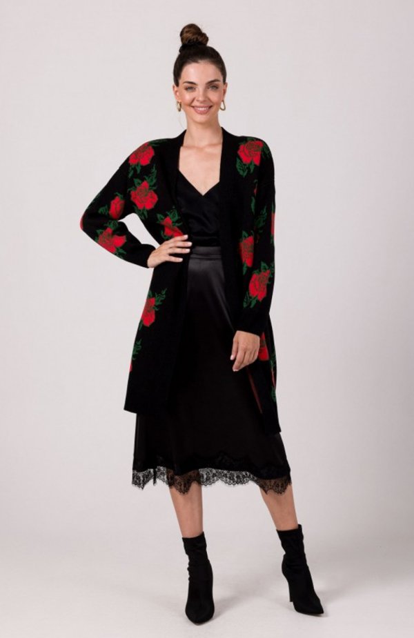 Be Knit BK102 długi kardigan w róże czarny 