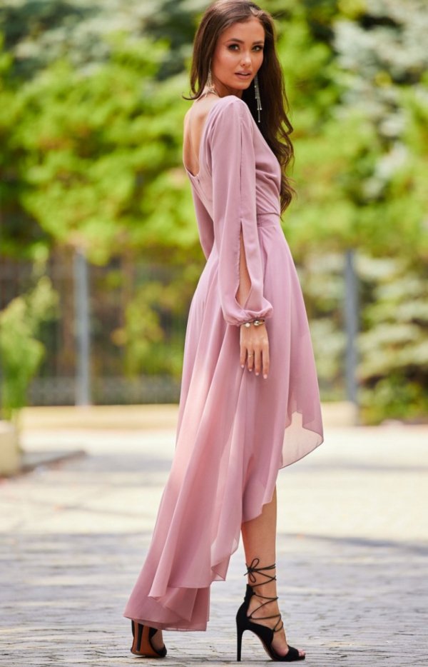 Asymetryczna maxi sukienka szyfonowa jasny róż tył