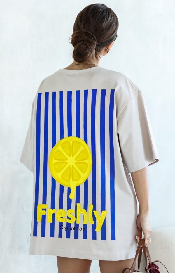 Oversizowy t-shirt damski długi cytryna beżowy
