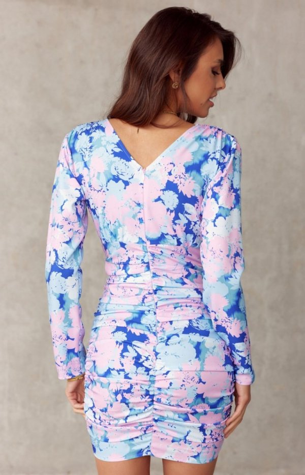 Drapowana mini sukienka w niebieskie kwiaty E18 tył