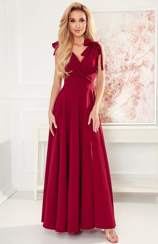Numoco 405-1 ELENA długa suknia z dekoltem i wiązaniami na ramionach 