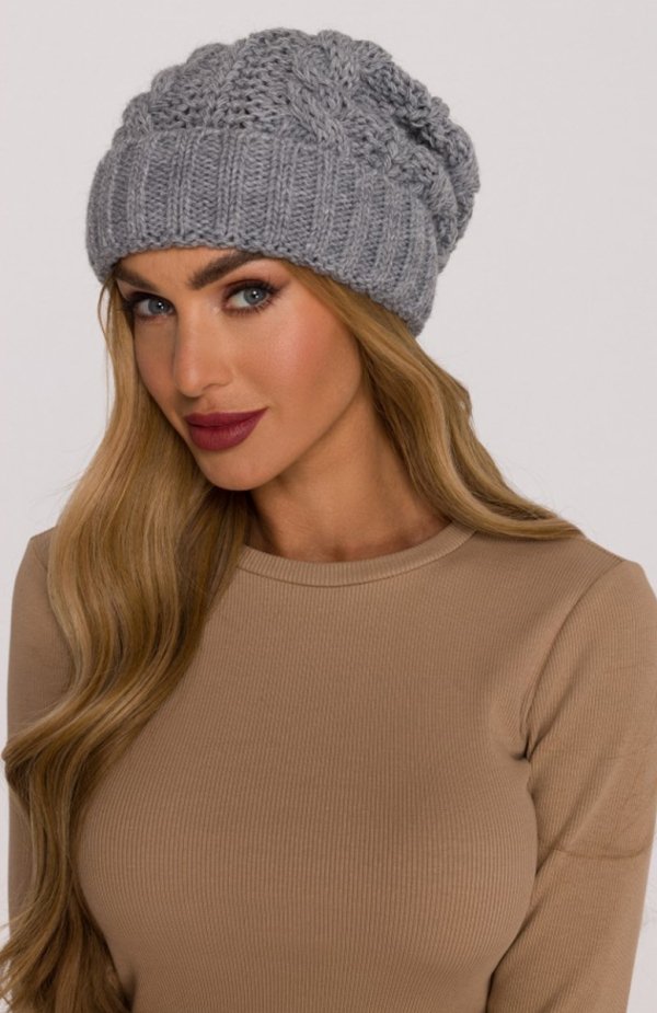 Moe czapka damska splot warkocz szara M897 bok