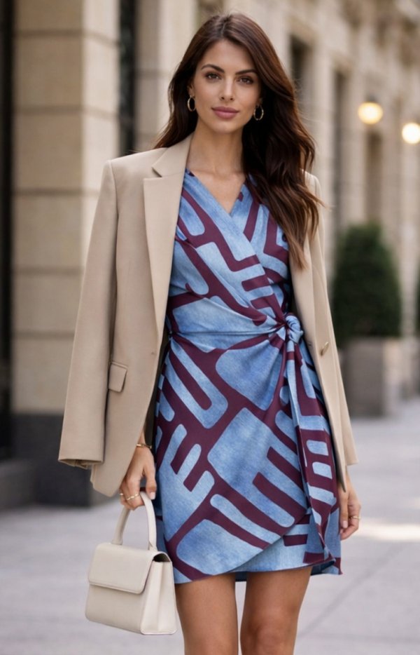 Wiązana sukienka mini z bufiastymi rękawami w panterkę E96 przód