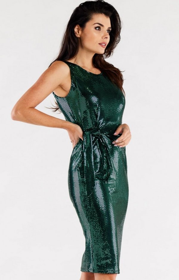 Ołówkowa zielona sukienka midi cekinowa A560 tył