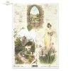 flower, flowers, irises, castle, woman, lady, dress, window