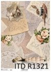 Papier decoupage Vintage, listy, kałamarz, róże, dama z wachlarzem*Vintage decoupage paper, letters, inkwell, roses, lady with fan