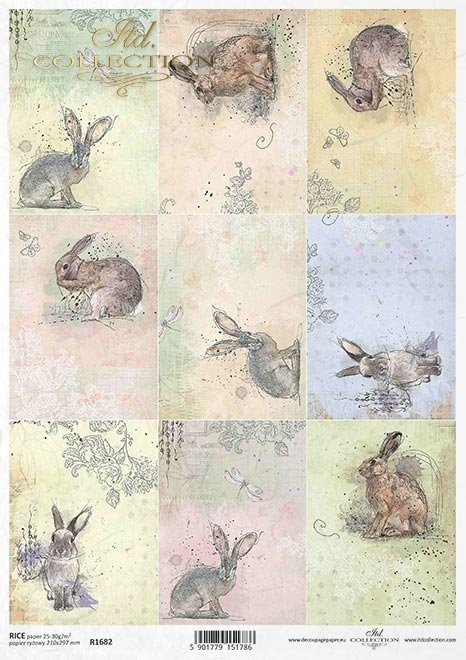 Rice paper R1682 - around the farm, Pastels, tags, hares, rabbits ...