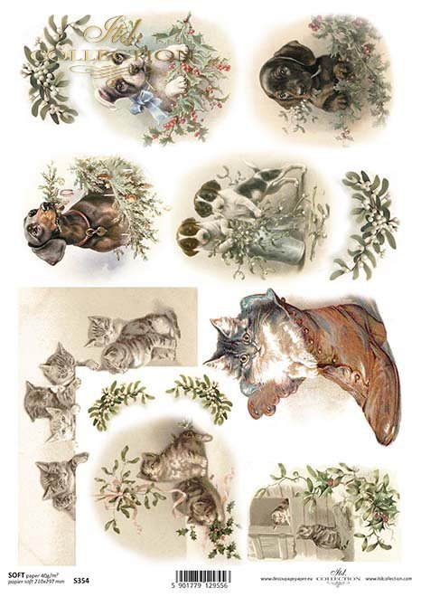 Papier Decoupage Weihnachten, Hunde, Katzen*Papír decoupage vánoční, psi, kočky*papel decoupage Navidad, perros, gatos