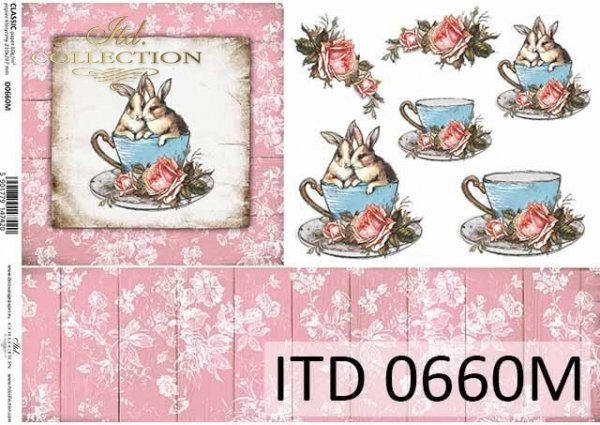 Wielkanoc, Vintage, zające w filiżance, deski, kwiaty, róże*Easter, Vintage, bunnies in a cup, boards, flowers, roses