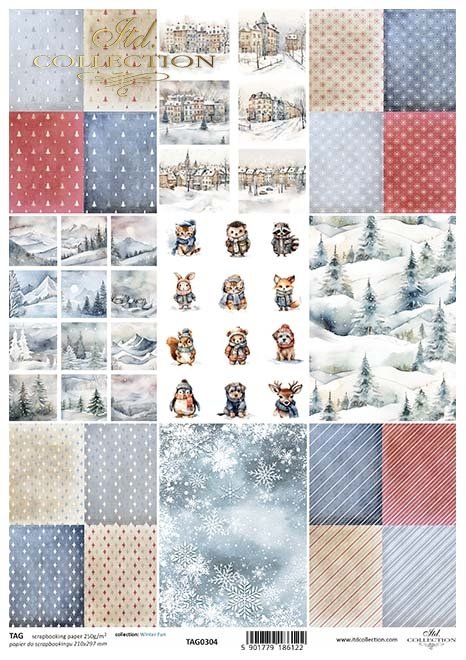 Seria Winter Fun - motywy tapetowe, wzorki, romby, paski, śniezynki, choinki, widoczki, budynki, zwierzaki w zimowych strojach*Winter Fun * Wallpaper motifs, patterns, diamonds, stripes, snowflakes, Christmas trees, views, buildings, animals in winter out