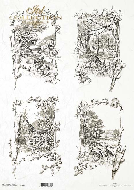 vintage, widoczek, wieś, zwierzęta leśne, wiosna, kury, sarny*vintage, view, countryside, forest animals, spring, hens, deer*Jahrgang, Aussicht, Landschaft, Waldtiere, Frühling, Hühner, Hirsche*vintage, vista, campo, animales del bosque, primavera, gallin