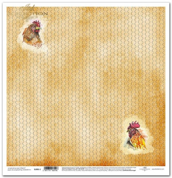 Seria - Wesoła farma - zwierzęta, akwarele, wzorki, wzór geometryczny, tapeta, kury, koguty, plastry miodu, żółte tło*Series - Happy Farm - animals, watercolor, pattern, geometric pattern, wallpaper, chickens, roosters, honeycomb, yellow background