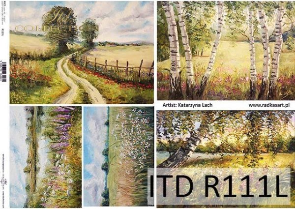 Papier decoupage malarstwo współczesne łąka, brzozy, wiejska droga*Paper decoupage painting contemporary meadow, birch, country road