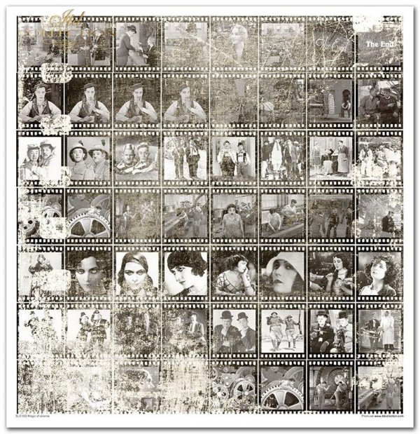 Seria Magic of cinema: magia kina, słynne aktorki, klisze, charlie chaplin, napisy, filmografia, kolaże, reżyser, kamery, klatki filmowe, klatka na kliszy, stopklatki, sceny, słynne sceny,  kadry filmowe, aktorzy, flip i flap, klaps, napisy the end