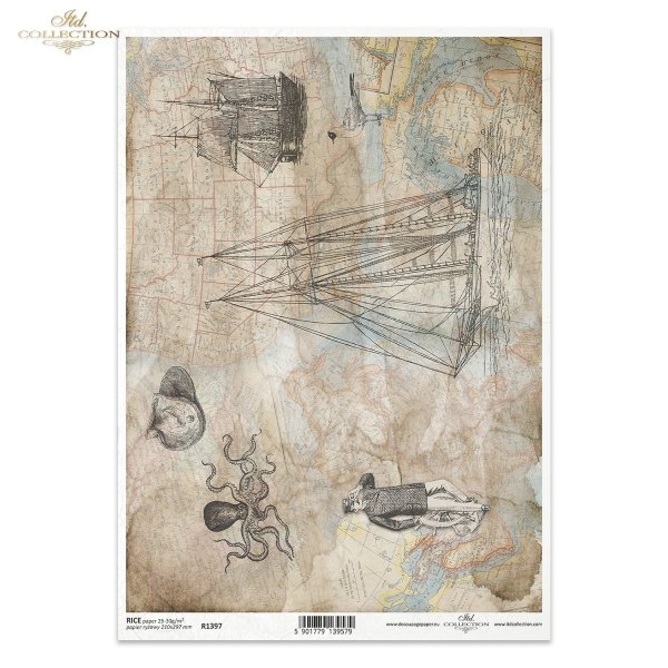 motywy marynistyczne, stara gazeta, mapa, żaglowiec, żaglowce, ośmiornica, marynarz, motywy marynistyczne, morze, morski, maritime theme, old newspaper, map, sailing ship, boats, octopus, sailor, maritime motifs