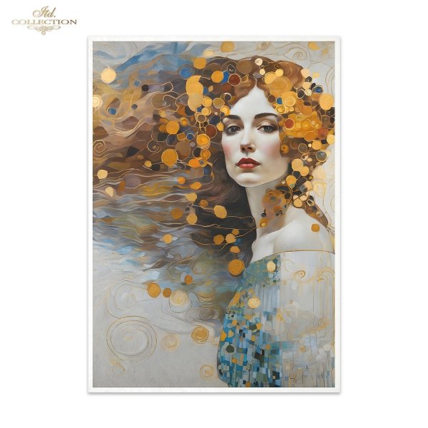 Papier decoupage morwowy FPA3002, Seria Inspired by Klimt, kobiety, zloto, dekoracyjne wzory, kamienie szlachetne, mozaiki, motywy secesyjne * Mulberry decoupage paper FPA3001, women, gold, decorative patterns, gemstones, mosaics, Art Nouveau motifs *Pape