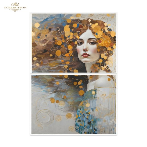 Papier decoupage morwowy FPA2002, Seria Inspired by Klimt, kobiety, zloto, dekoracyjne wzory, kamienie szlachetne, mozaiki, motywy secesyjne * Mulberry decoupage paper FPA2002, women, gold, decorative patterns, gemstones, mosaics, Art Nouveau motifs
