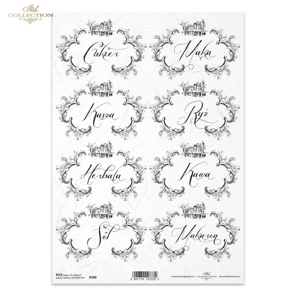 kitchen, kitchen inscriptions, ornaments, labels, sugar, flour, groats, rice, tea, coffee, salt, pasta, R398
