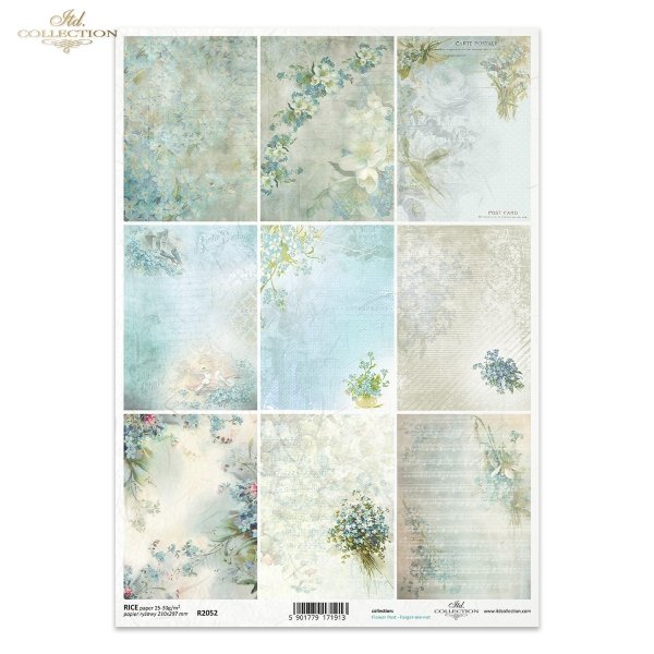 R2052 seria Flower Post - Forget-me-not, kwiatowa poczta, niezapominajka, niezapominajki, bukiet kwiatów, kwiaty, ptaki, nuty, pisma, napisy, tapety, tła, ornamenty, wzory tapetowe, kropki, miniatury, miniatura