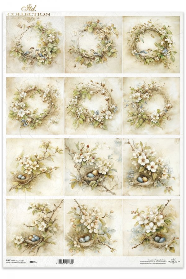 wianki, ptaki, gniazda, jajka, kwiaty jabłoni, styl vintage, pastelowe kolory, motywy wiosenne, akwarela