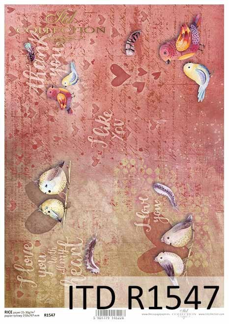 Papier decoupage Walentynki, ptaszki, napisy*Valentines decoupage paper, birds, inscriptions