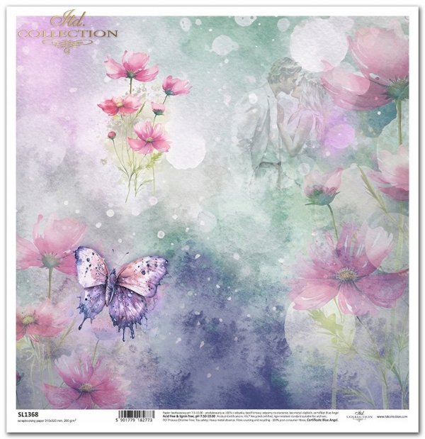 Summer Love Story - akwarelowe tło, kwiaty, owady, motyl. zakochana para, warszawianka*watercolour background, flowers, insects, butterfly. a couple in love, feathered cosmos