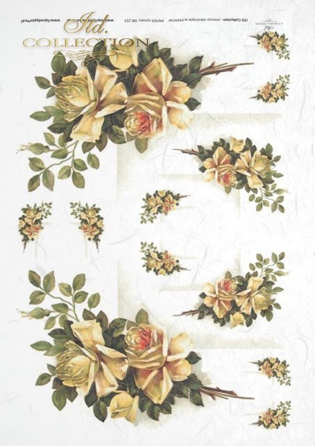 flowers, leaves, rose, yellow roses, decoupage paper with flowers from the garden, decorative frames 