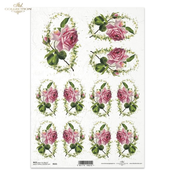 Papier ryżowy do decoupage, kwiaty róża mała, owal, pąki róż, R0221