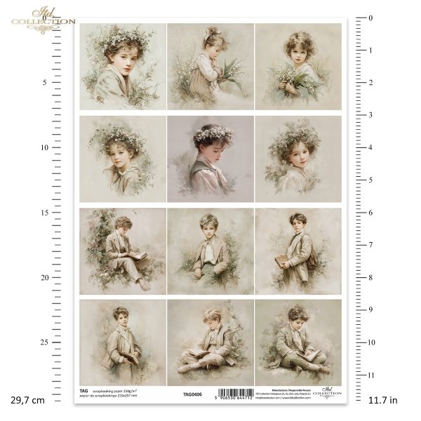 portrety, chłopcy, styl vintage, sepia, czytanie książek, klasyczne stroje, estetyka retro, akwarela, dziewczynka, kwiaty, konwalie, wianek, delikatność, pastelowe barwy