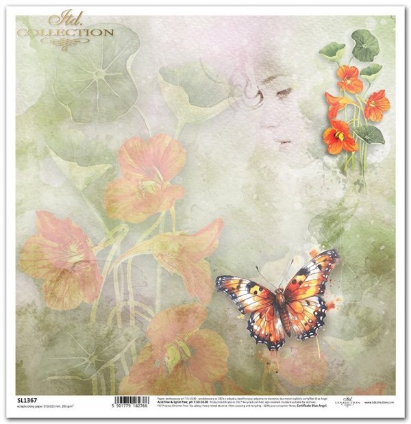 Summer Love Story - akwarelowe tło, kwiaty, owady, nasturcja, motyl, twarz kobiety*watercolour background, flowers, insects, nasturtium, butterfly, woman's face