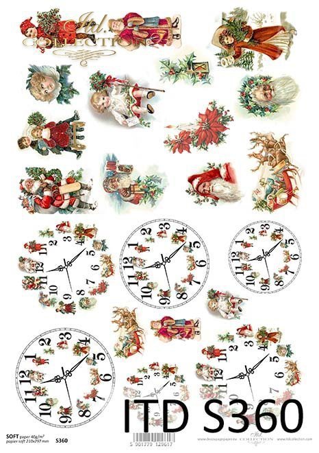 papier decoupage świąteczne zegary, boże narodzenie, Mikołaj*paper decoupage Christmas clocks, Christmas, Santa Claus
