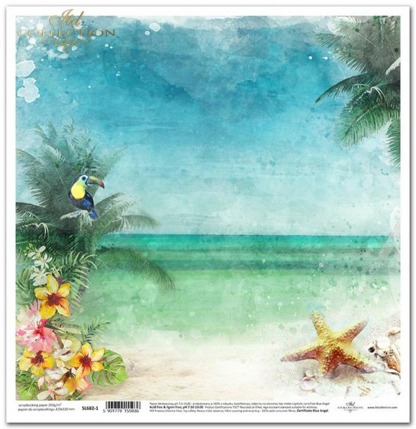 Seria Tropical dreams - tropikalna plaża, tukan, palmy, rozgwiazdy, kwiat hibiskusa