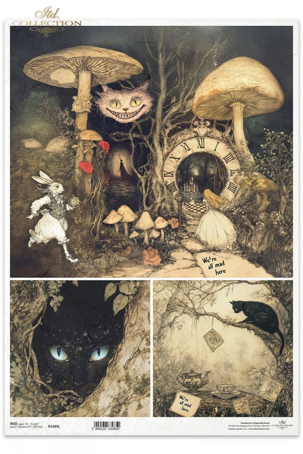 Biały Królik, mroczny las, baśniowe kompozycje, grzyby, kot, oczy kota, napisy*White Rabbit, dark forest, fairy tale compositions, mushrooms, cat, cat's eyes, lettering*Weißes Kaninchen, dunkler Wald, märchenhafte Kompositionen, Pilze, Katze, Katzenaugen