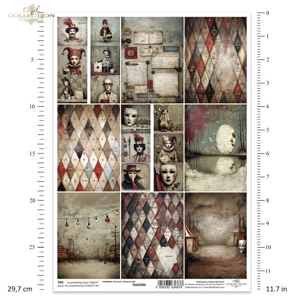 Carnival - Masquerade * Karnawał - Masquerade - karnawał, maskarada, maski, arlekin, commedia dell’arte, cyrk, teatr, vintage, retro, melancholia, tajemnica, noc, papier postarzany, faktury, kolaż, postacie teatralne, Arlekin, Kolombina, Pulcinella (Pulci