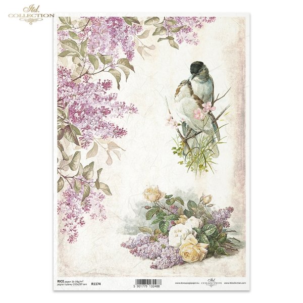 retro, ptaki, ptaszek, ptaszki, bez, bzy, bzu, róża, róże, kwiaty, bukiety, tło, wiosna, birds, birdies, lilacs, roses, flowers, bouquets, backgrounds, spring, Vögel, Vogel, Vögelchen, Flieder, Rosen, Blumen, Sträuße, Hintergrund, Frühling